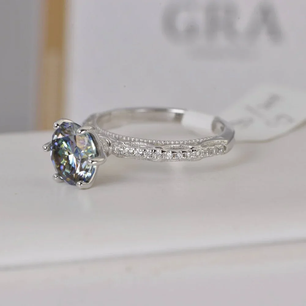 Moissanite 2.0 ct Rainbow Blue Engagement Ring 925